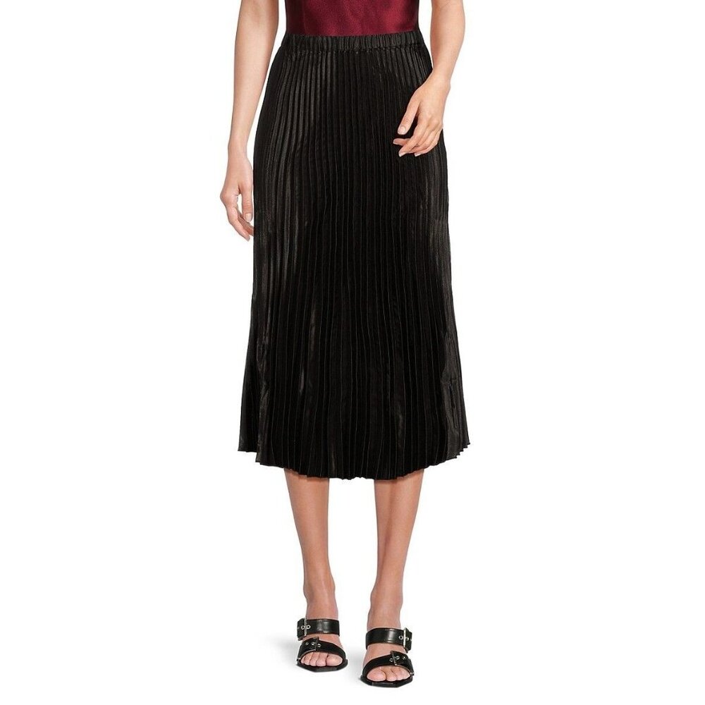 Tash+Sophie Womens Large Satin Pleated‎ Midi Skirt Black Accordion Dress NWT